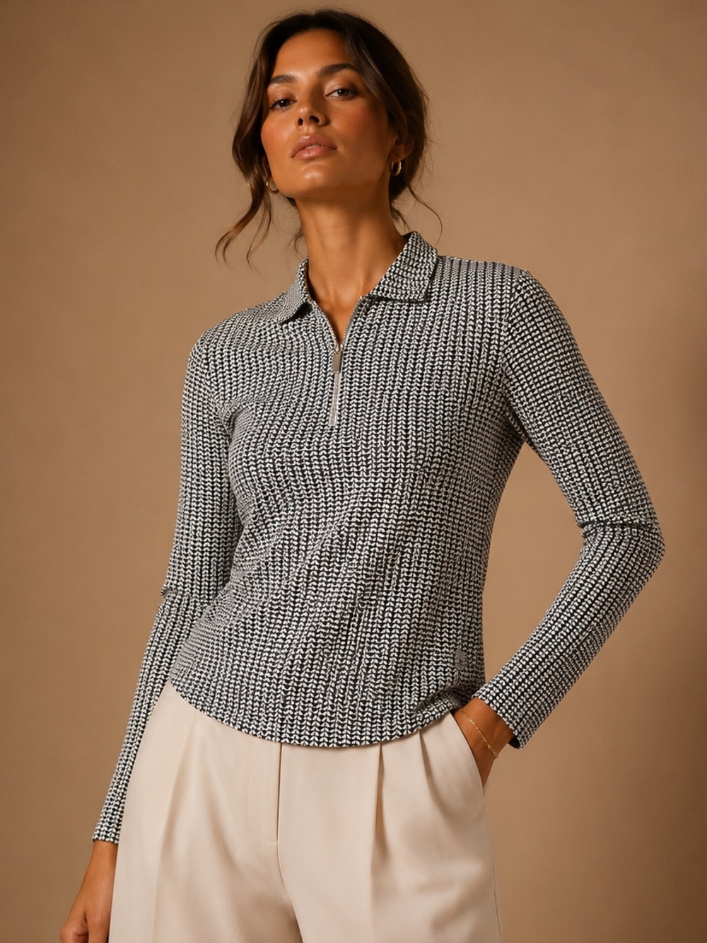 Bette & Court Black White Geometric Quarter Zip Golf Top Size Small